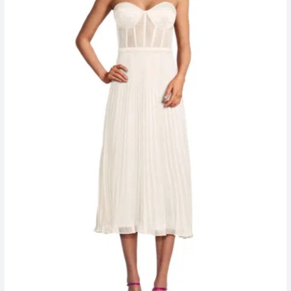 NWOT BCBG Maxazria Accordion Pleat Ivory Midi Cocktail Dress - Picture 2 of 4